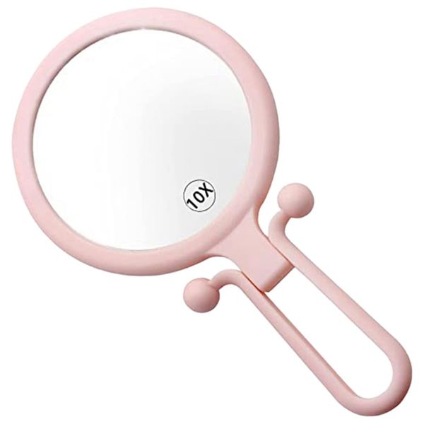 Bordhap 10X Handheld Magnifier, Double Sided Folding Makeup Mirror, Portable Handheld Mirror with Adjustable Handle(Pink)