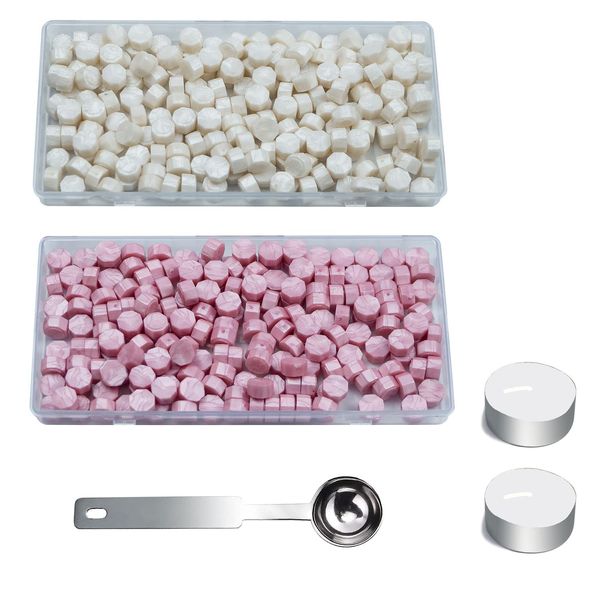 Wax Seal Beads, ANBOSE 200 PCS Pearl White+200 PCS Pearlescent Pink Sealing Wax Beads with 1PCS Wax Melting Spoon and 2 Candles for Wax Seal, Wax Seal Kit for Making Party Invitations