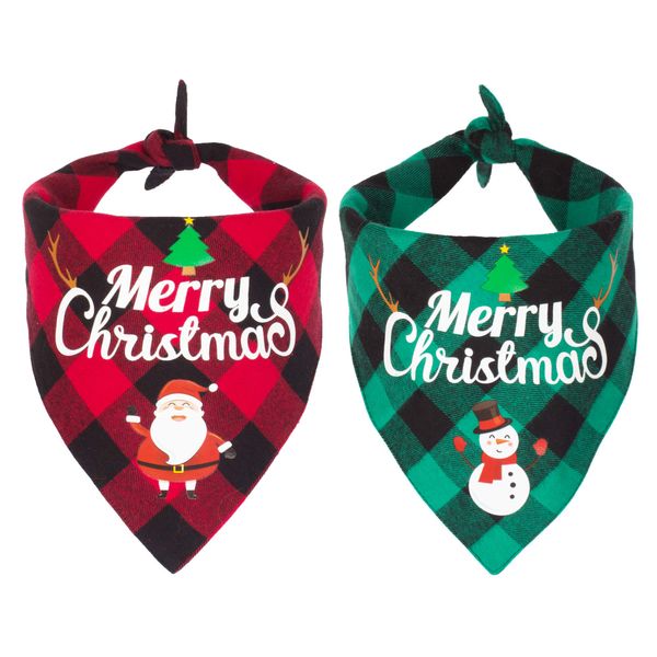 ADOGGYGO 2 Pack Dog Bandana Christmas Classic Plaid Pet Scarf Triangle Bibs Kerchief Merry Christmas Santa Snowman Print Pet Bandana for Medium Large Dogs Pets (Large, Red&Green)