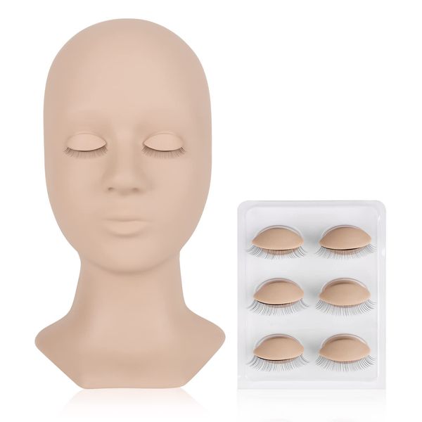 LASHVIEW Lash Mannequin Head,Replaced Eyelids Mannequin Head,Lash Extension Practice, with 4 Pairs Replaced Eyelids, Makeup Soft-Touch Rubber Practice Head, Natural Skin Color