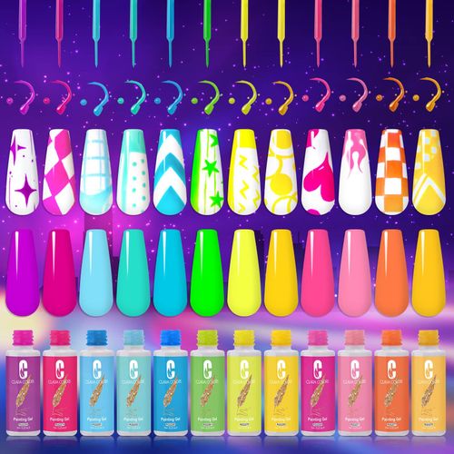 Clara Colors Gel Polish Nail Art Liner Set,12 Colors Glow In The Dark Gel Liner Nail Art Polish Luminous Drawing PaintingThin Nail Art Brush for Swirl Nails Design Soak Off UV Led