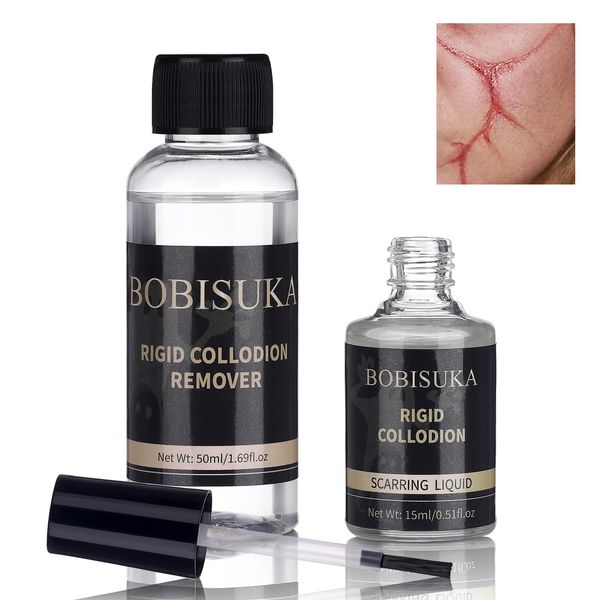 BOBISUKA Rigid Collodion 15ml with Brush & Remover 50ml Makeup Set Professional Scarring Liquid For Special Effects Makeup Kit, Face Body Realistic SFX Scar Makeup for Halloween Costume Cosplay Film