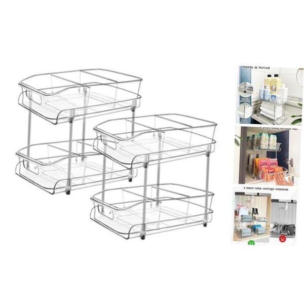 2 Tier Under Sink Organizer for Bathroom and Kitchen, Pull-Out Storage 2 Pack