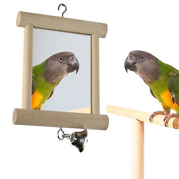 Pet Bird Mirror With Bell Solid Wood Bird Parrot Toy Swing Bird Cage Accessories