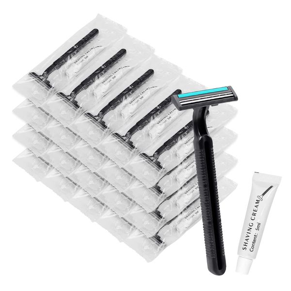 Disposable Razors in Bulk, Bulk Razors with Knife Cap, Black, Individually Packaged Disposable Razors Bulk with Shaving Cream for Hotels, Nursing Homes, Shelters, Homeless, Charities ( pack-30)