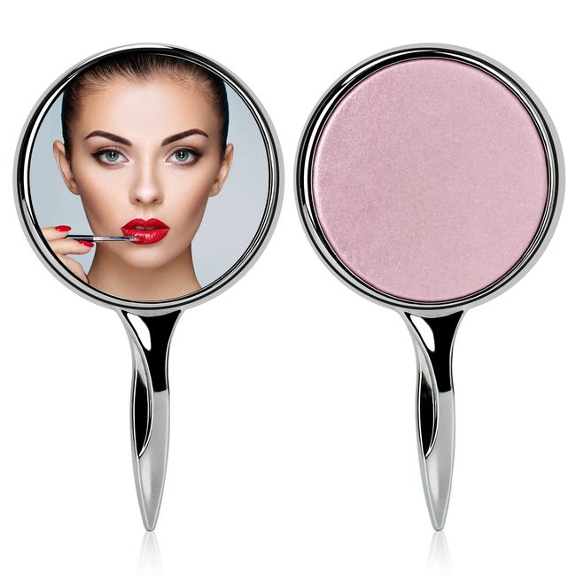 YTZJ Direct Handheld Compact Mirror with Handle for Girls and Women, Personal Cosmetic Round Makeup Mirrors, Portable Travel Mirror with Distortion Free, Pink and Silver