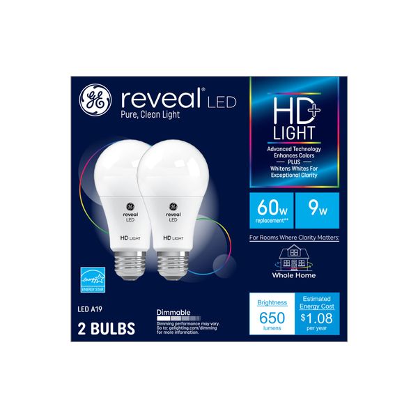 GE Lighting Reveal LED Light Bulbs, 9 Watt (60 Watt Equivalent) HD+ Light, Standard Bulb Shape, Medium Base, Dimmable (2 Pack), White