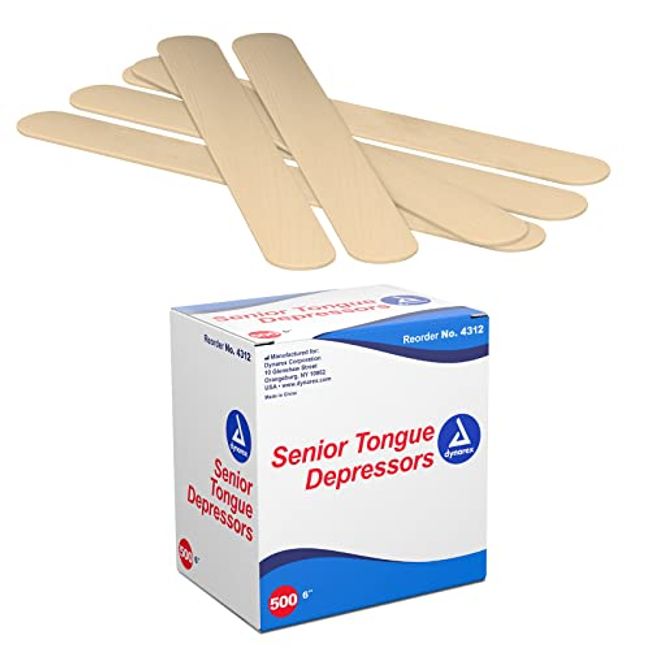 Dynarex Tongue Depressors Wood, Senior 6", Non-Sterile, with Precision Cut and Polished Smooth Edges, for Medical Uses, 1 Box of 500 Tongue Depressors