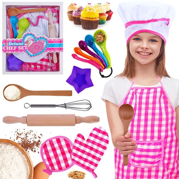 Lolo Toys Kids Baking Set Cooking Apron - 13 Piece Children Kitchen Bake Playset Accessories for Girls Includes Chef Hat, Apron, Cupcake Mold, Measuring Spoons, Oven Glove, Mitt, Play Whisk Spoon