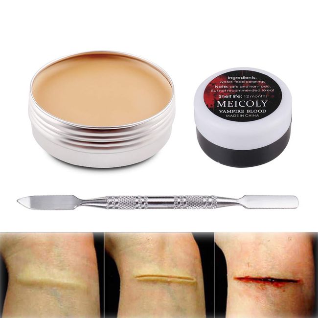MEICOLY Scar Wax Kit Makeup Skin Wax(1.67Oz) Special Effects Halloween Stage Fake Wound Molding Scar with Spatula,Scab Coagulated Blood Gel(1.06Oz),02