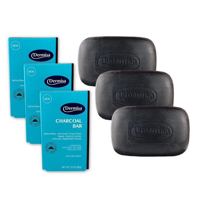 Dermisa Charcoal Bar | Natural Gentle Cleansing Bar | Contains Activated Charcoal, Coconut Oil, Shea Butter, Vitamin C & Licorice | NO PARABENS, NO SULFATES | 3 OZ (3-Pack)