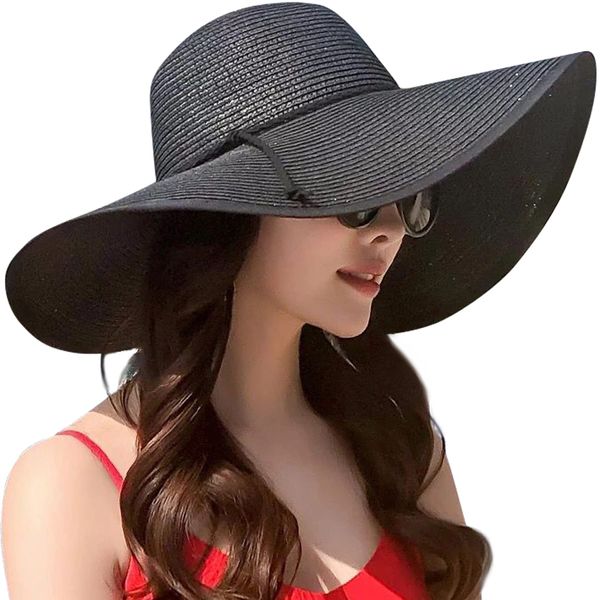 Lanzom Womens Wide Brim Straw Hat Big Floppy Foldable Roll up Cap Beach Sun Hat UPF 50+(Twine-Black)