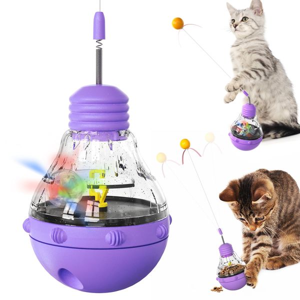 FOXLVDA Interactive Cat Toy for Indoor Cats, Cat Treat Puzzle Feeder Toy-Cat Treat Dispenser, Engaging Tumbler Design with Teaser Wand, Durable, Non-Toxic and Safe, Cat Toys for Bored Indoor (Purple)