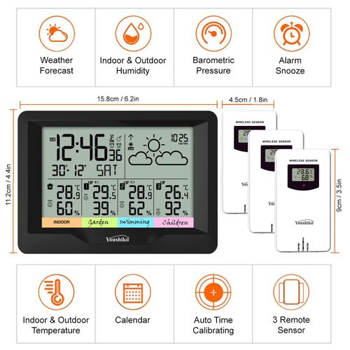 Youshiko (Official 2024 UK Version), 3 x Wireless Sensors Weather Station, Radio Controlled Clock Temperature Thermometer Humidity, Barometric Pressure