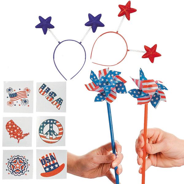 Fun Express Pinwheel, Head Bopper & Tattoo Patriotic Party Favor Kit