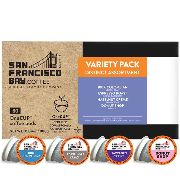 San Francisco Bay Compostable Coffee Pods - Assorted Variety Pack (80 Ct) K Cup Compatible including Keurig 2.0, Donut Shop, Colombian, Hazelnut, Espresso