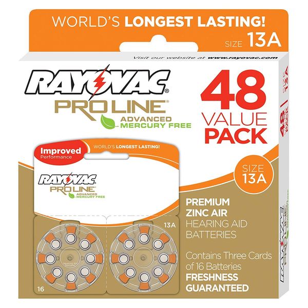 Rayovac Mercury Free Proline Advanced Size 13 Hearing Aid Batteries, Total of 48 Batteries