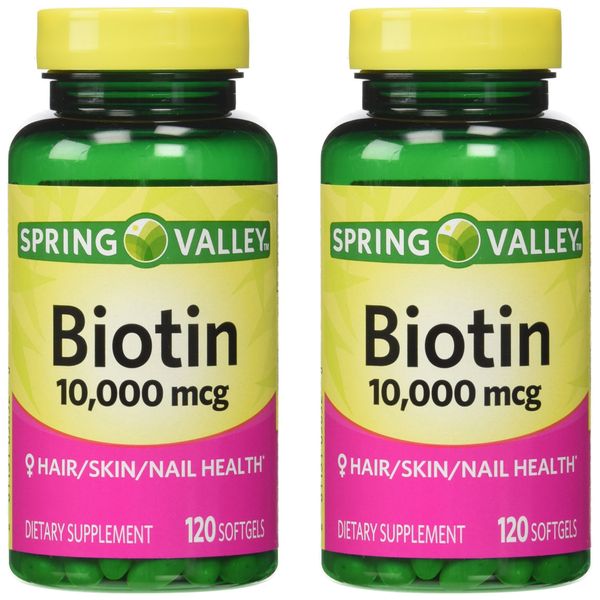 Spring Valley Biotin 10,000 mcg, 2 Bottles of 120 Softgels (2 Pack)