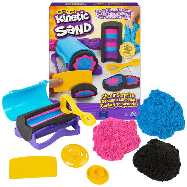 Kinetic Sand, Slice N’ Surprise Set with 383g of Black, Pink and Blue Play Sand and 7 Tools, Sensory Toys for Kids Ages 3 and up