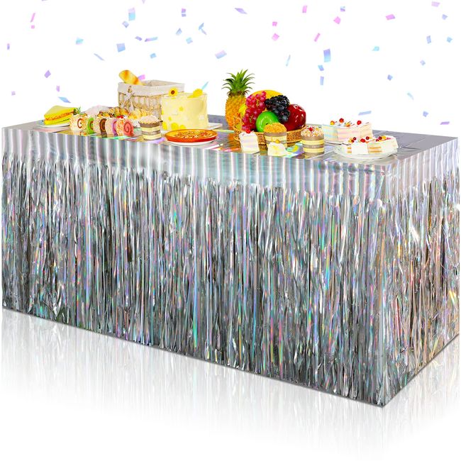 2 Pack Iridescent Table Skirt, Metallic Foil Fringe Tinsel Table Skirts for Rectangle Tables, Disposable Laser Rainbow Table Skirt Iridescent Party Decorations for Birthday Wedding Holiday, 29x108Inch