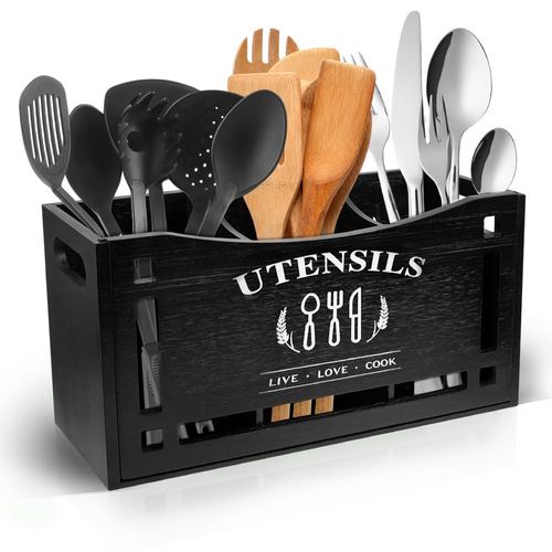 SHAIDOJIO Kitchen Utensil Holder with 3 Compartments, Wooden Utensilsl Holder for Countertop, Large Utensil Caddy Farmhouse Kitchen Decor Cooking Tools Organizer for Silverware Fork Spoon Spatula