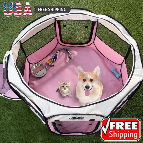 Pet Rabbit Playpen Pop-Up Dog Kennel W/ Carry Bag Mesh Windows 38 x 24 Foldable