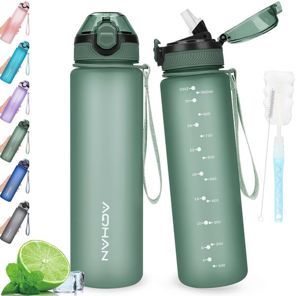 AOHAN 1L Water Bottle with Leak Proof Flip Top Lid, BPA Free Sport Drinking Bottle with Straw, Dishwasher Safe Water Bottle Non-Toxic Water Jug with Carrying Strap