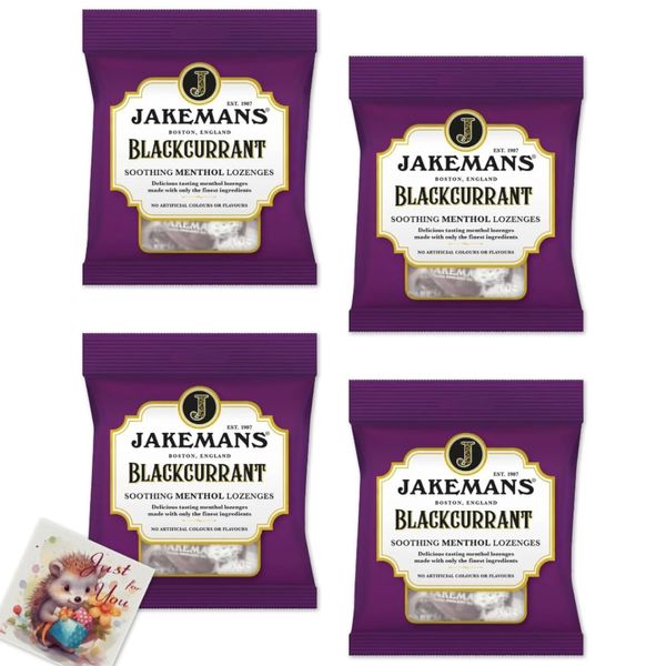 Jakemans Blackcurrant Throat and Soothing Menthol Sweets - Pack of 4X 73g | Refreshing Blend | Premium Ingredients | Free from Artificial Colour or Flavour | Includes Jaspem Greeting Card