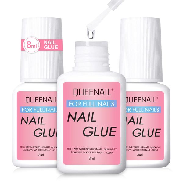 3 * 8ml Nail Glue, Brush on Nail Glue, Nail Glue Extra Strong, Strong Nail Glue for Nail Repair, Extra Strong Nail Glue for Broken Nails, Nail Glue for Acrylic Tips, Clear Instant Dry Nail Glue