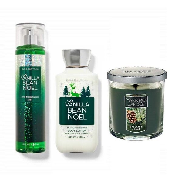 Bath & Body Works Vanilla Bean Noel Lotion & Mist w Balsam Cedar Yankee Candle