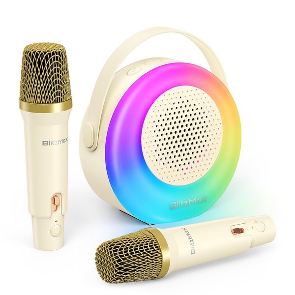 Karaoke Machine for Kids，Mini Portable Bluetooth Speaker with 2 Wireless Microphones,Karaoke Toys Gifts with Interactive Lights and Sound for Girls Boys Adults Home Party Birthday-Beige