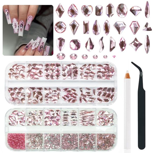 qiipii 24 Styles Pink Rhinestones Nail Crystals Multi Shapes Flatback Light Pink Gems Round Beads K9 Glass Stones Diamonds Jewels Nail Art Supplies Nail Charms for Nails Faces Eyes Makeup Crafts DIY