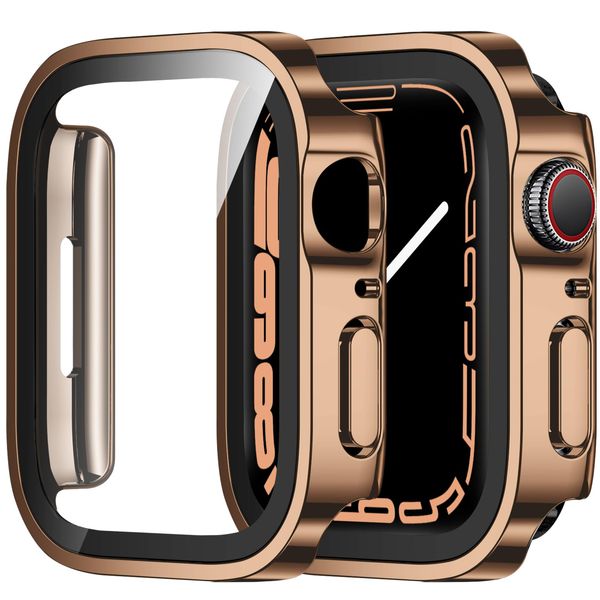 ZZDZZ 2 Pack Hard PC Case Compatible with Apple Watch Case 41mm Series 9/8/7 with Tempered Glass Screen Protector, Ultra-Thin Straight Edge Protective Cover for iWatch 41mm (Rose Gold/Rose Gold)