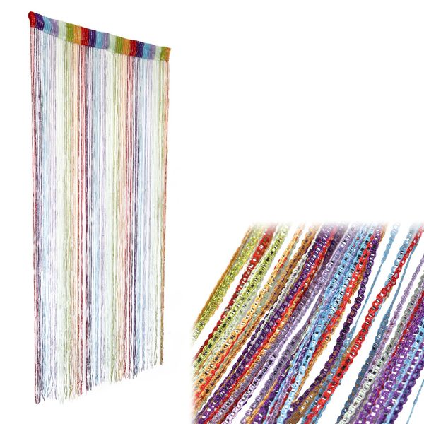 DBOO String Curtain Panel, Glitter Door Wall Window Doorways Panel Fly Screen Fringe Room Divider Blind,Decorative Tassel Ribbon Strip Silver Screen(Rainbow)