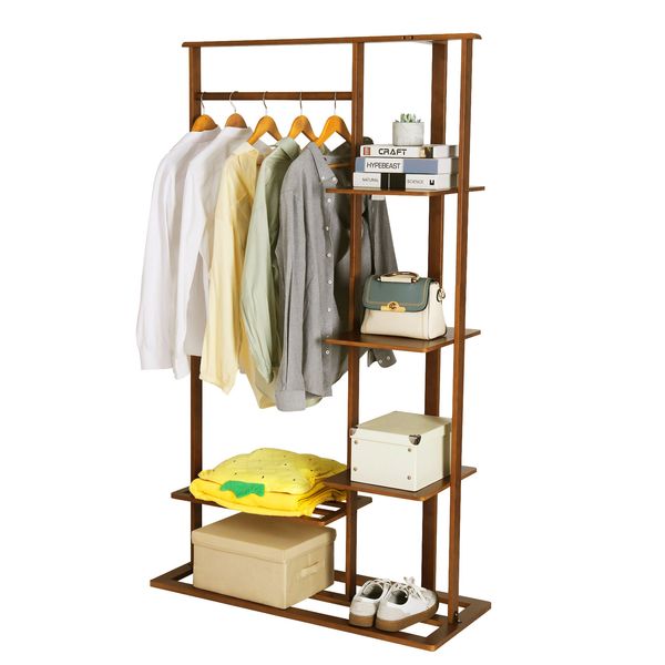 Retro Wood Bamboo Clothes Garment Rack Coat Shoes Storage Shelves w/ Rod Hanging