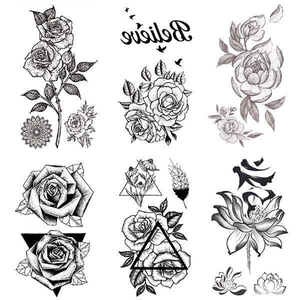 Yesallwas Tattoo Stickers, Roses, Black, Roses, Flowers, Set of 6, Tattoo Stickers, Realistic, Waterproof, Long Lasting, Tattoo Stickers, Body Stickers, Men's, Women's, Black, Rose Flower Temporary Tattoos, 2.4 x 4.1 inches (6 x 10.5 cm) (Flower)