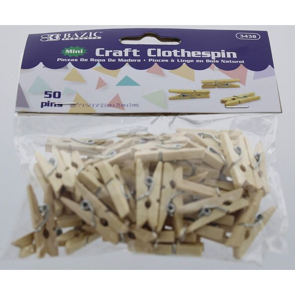 BAZIC Mini, Natural Clothespins, Wood, 50 Per Pack