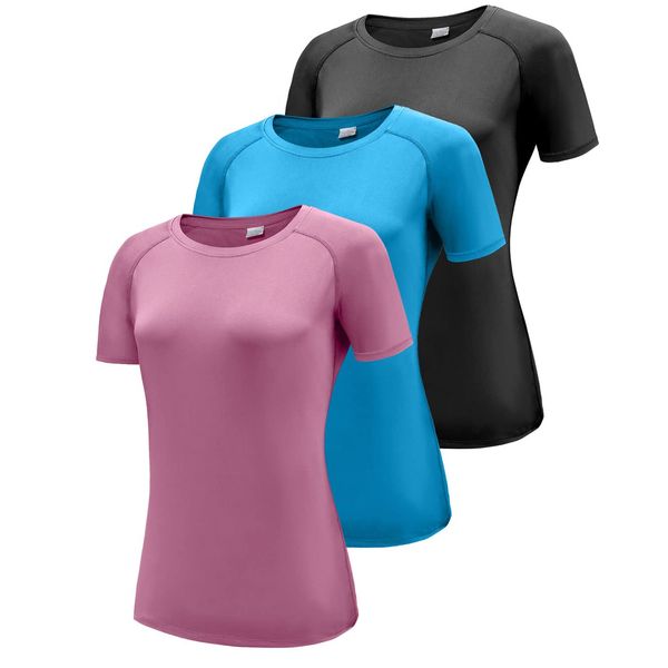 3er Pack Sport T-Shirt Damen, Kurzarmshirt Frauen, Workout Tops Rundhals Sport Casual Oberteile, Kurzarm Funktionsshirt Laufshirt, Sommer Gym Top Yoga Shirt Fitness T-Shirts Black/Blue/Pink 3P14-S