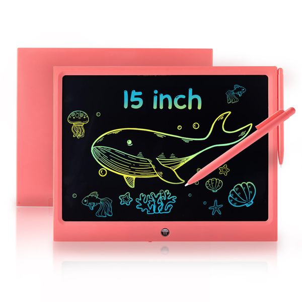 LCD Writing Tablet Doodle Board, 15 inch Colorful Drawing Tablet Writing Pad Electronic Graphics eWriter for Kids, Digital Handwriting Boards Gifts Educational Toys for Boys Girls (Pink)