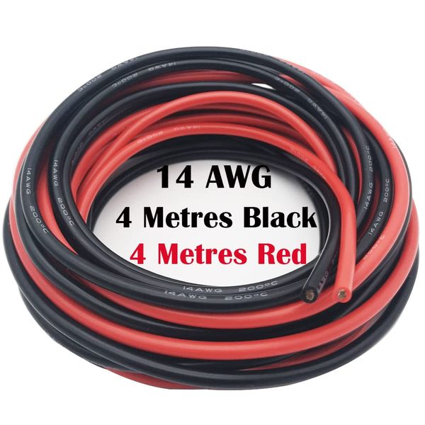 Silicone Wire, CESFONJER 14 AWG Silicone Cable [4M Black and 4M Red], Flexible High Temperature Resistance Tinned Copper Wire Cable for Wiring Electronics, Drones, Aircraft Batteries, etc