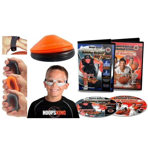 HOOPSKING Basketball Dribbling Training Kit - Makes Great Gift for Your Favorite Player - Includes 2 Dribbling DVDs, Dribble Goggles, Cones, Hand Grippers, & No Palm Aid
