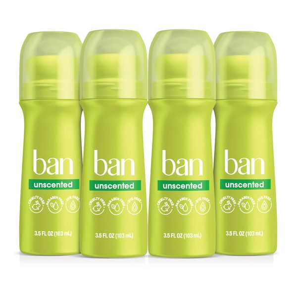 Ban Original Unscented 24-hour Invisible Antiperspirant, 3.5oz Roll-on Deodorant for Women and Men, Underarm Wetness Protection, with Odor-fighting Ingredients, 3.5 Fl Oz (Pack of 4)