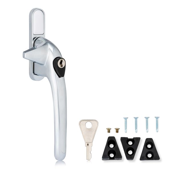 XFORT Locking Cockspur Window Handle Installation Kit in Polished Chrome, Right Hand UPVC Window Handle Replacement, Lockable Window Lever
