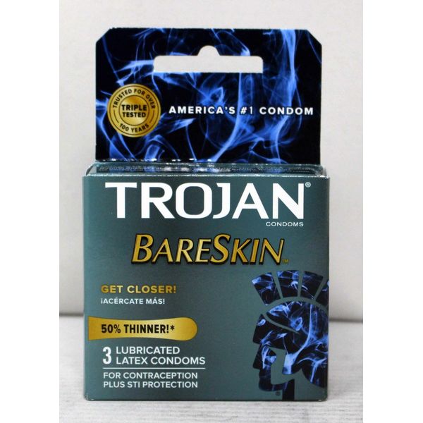 Trojan Bareskin 50% Thinner Lubricated Latex Condoms 3 Count (Pack of 3)