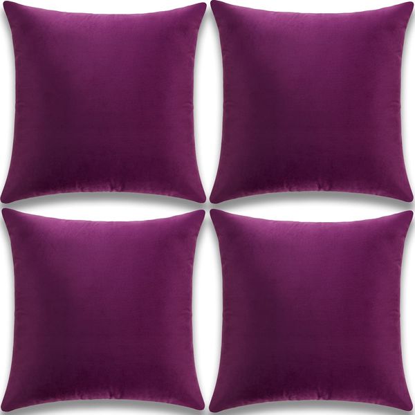 Yonous Cushion Covers, Soft Premium Velvet Decorative Throw Pillow for Sofa Bed Couch Chair, Set of 4, Eggplant Purple, 18x18 inch / 45 x 45 cm