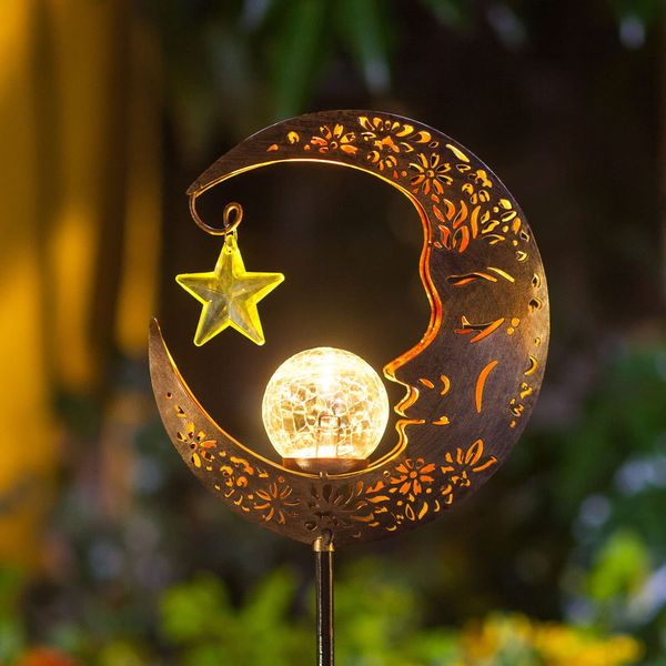 Hapjoy Solar Lights Outdoor Decor Moon Lantern for Patio,Lawn or Pathway Moon Decorations Crackle Glass Globe Stake Metal Lights Waterproof Warm LED Garden Gifts (Bronze)