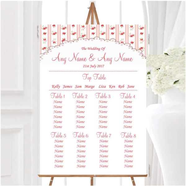 Pink Red Roses Shabby Chic Stripes Personalised Wedding Seating Table Plan