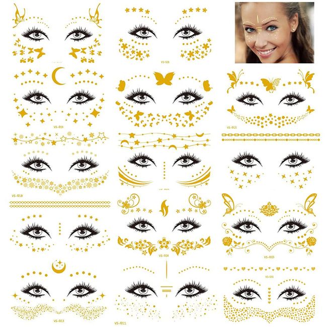 Vifoulal 14 Bögen Gesichts-Tattoos-Aufkleber, Metallic-Transfer-Tattoo, Wasserdichte Gesichtsjuwelen, schimmernde Glitzer-Gold-Tattoos für Frauen, Mädchen, Halloween, Make-up, Tänzer, Kostümpartys