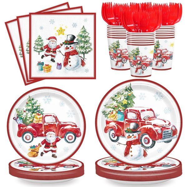 AGoooodySet 120pcs Christmas Red Truck Party Supplies Xmas Paper Plates Napkins Santa Claus Snowman Christmas Tree Paper Cups Party Tableware for Xmas Holiday Party Serve 24 Guests