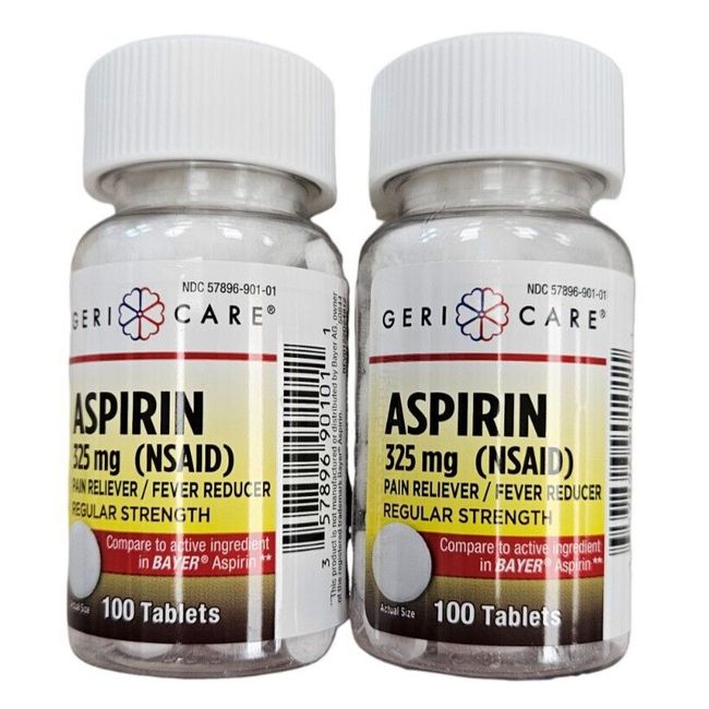 Gericare Aspirin 325mg UNCOATED Tablets 100ct ( 2 pack ) NEW LOOK! ^